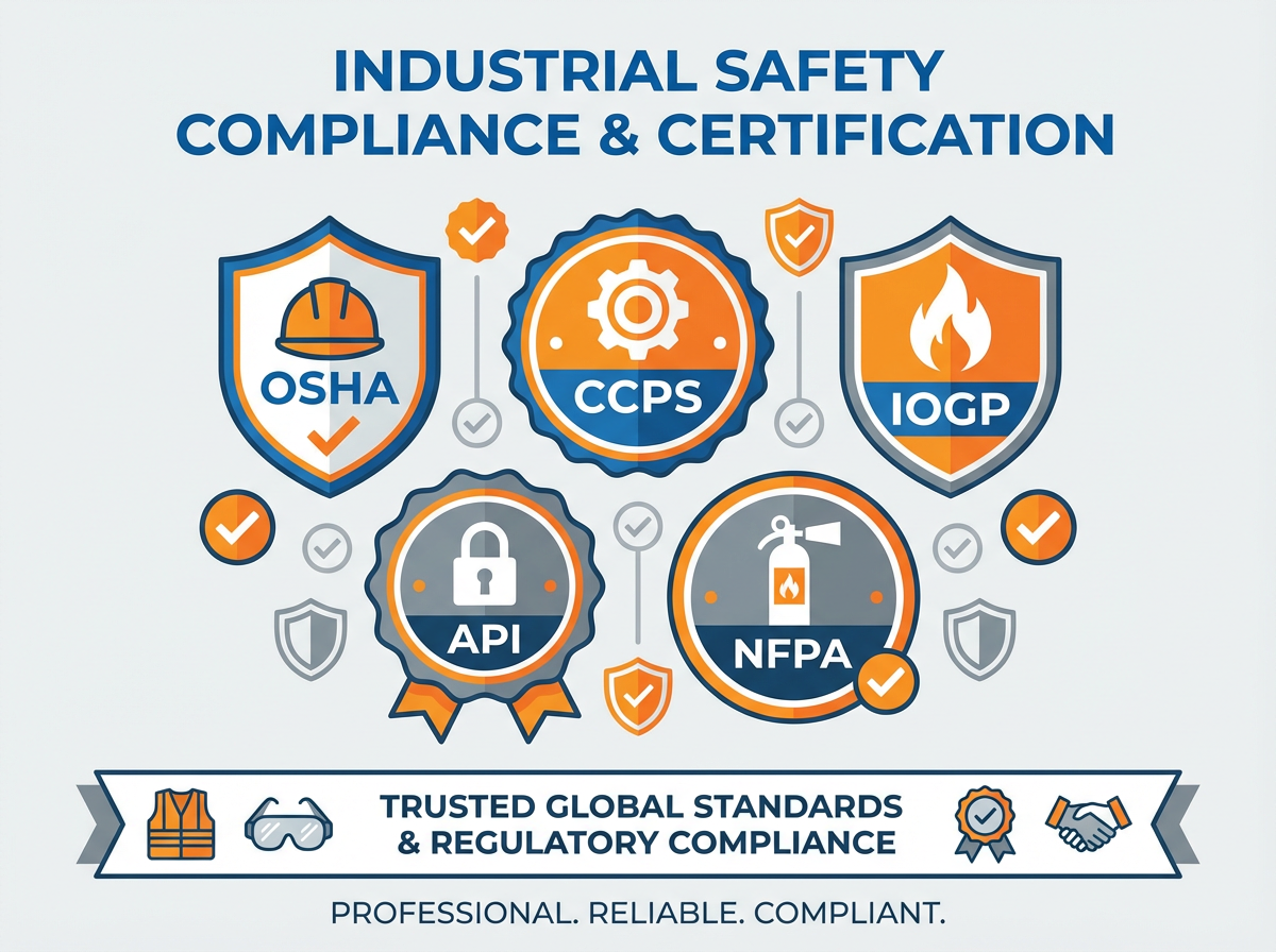 Badges de cumplimiento con estándares OSHA, CCPS, IOGP, API, NFPA e ICMM