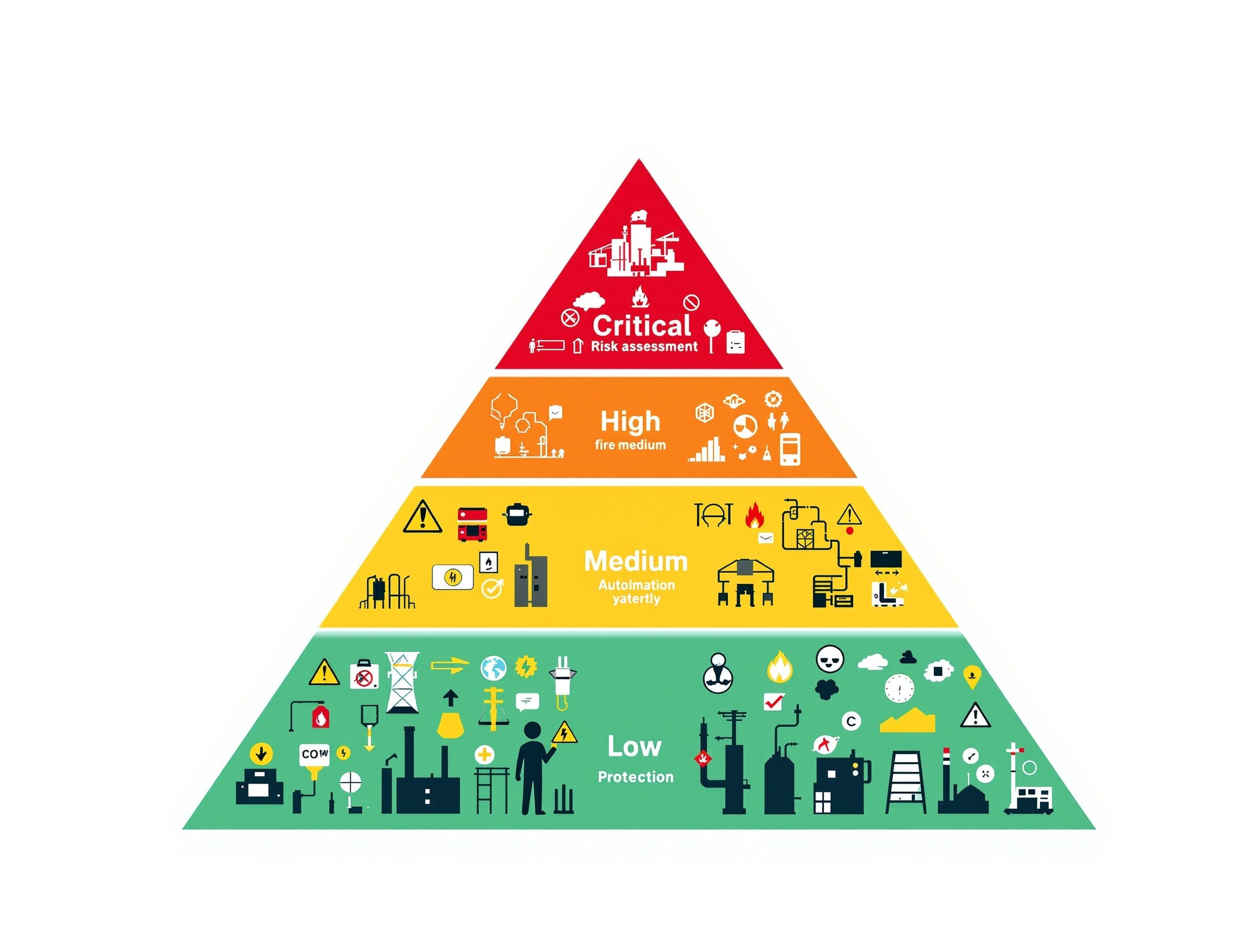 Visualización de niveles de riesgo: Crítico, Alto, Medio y Bajo con iconos de seguridad industrial